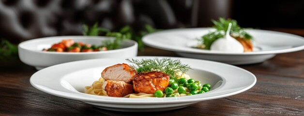 Delicious fettuccine topped with peas and roasted chicken presented on a white plate, featuring a fork and milk jug in a serene setting