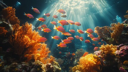 Fototapeta premium Vibrant underwater scene with colorful fish swimming among coral reefs and sun rays