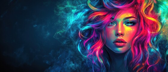 Portrait of a young white woman with vibrant colorful hair and makeup, against a dark background with abstract smoke Concept of beauty, fantasy, and digital art