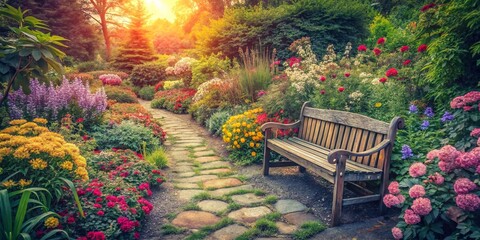 Obraz premium Vintage Garden Scene: Serene Wooden Bench Amidst Vibrant Flowers and Stone Path