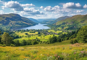 Obraz premium Breathtaking view of a serene lake surrounded by lush green hills and colorful wildflowers in a picturesque landscape on a sunny day