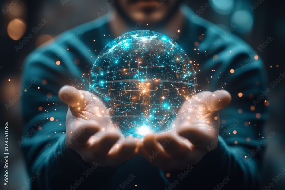 Aufkleber person holding a glowing globe with digital data elements in a dark, futuristic environment