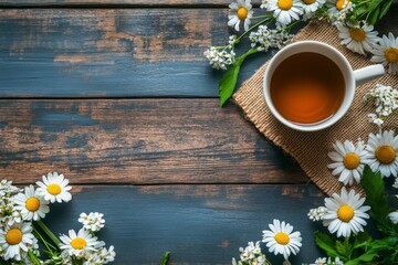 Obraz premium Cup of Herbal Tea with Daisies on Rustic Wood