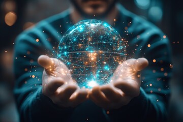 Person holding a glowing globe with digital data elements in a dark, futuristic environment