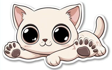 Cute cartoon kitten relaxing, white background, playful paws, sticker