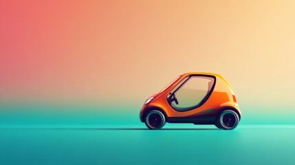 Obraz premium A small orange car is parked on a road. The car is parked in front of a blue wall