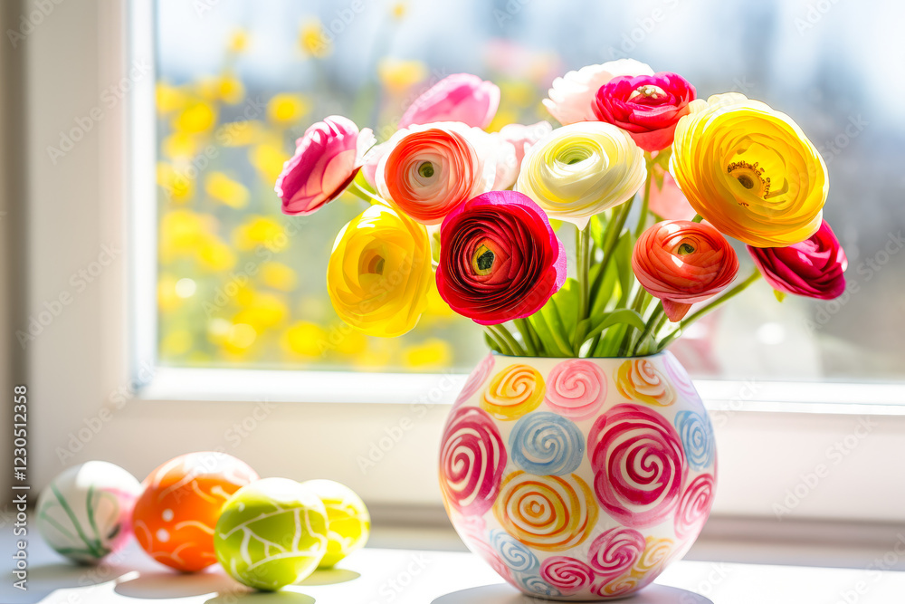 Poster colorful flowers in a decorative vase by a window with painted eggs in a sunny setting
