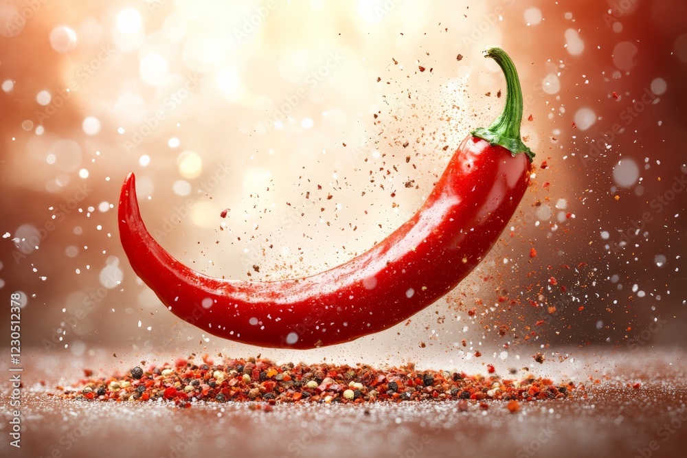 Poster Fresh red chili pepper floating over colorful spices with sparkles in the background during a vibrant culinary setting