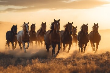 Obraz premium Herd of wild mustangs galloping through a green field under a clear blue sky