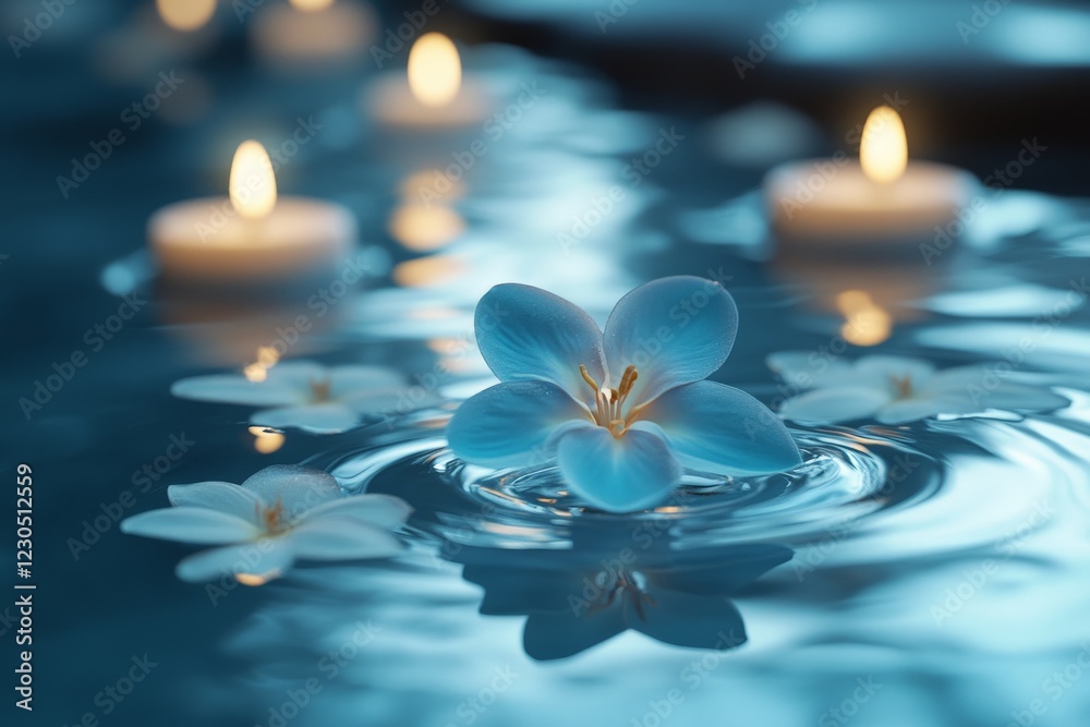 Poster serene atmosphere with candles and blue flowers floating on tranquil water in a calming setting