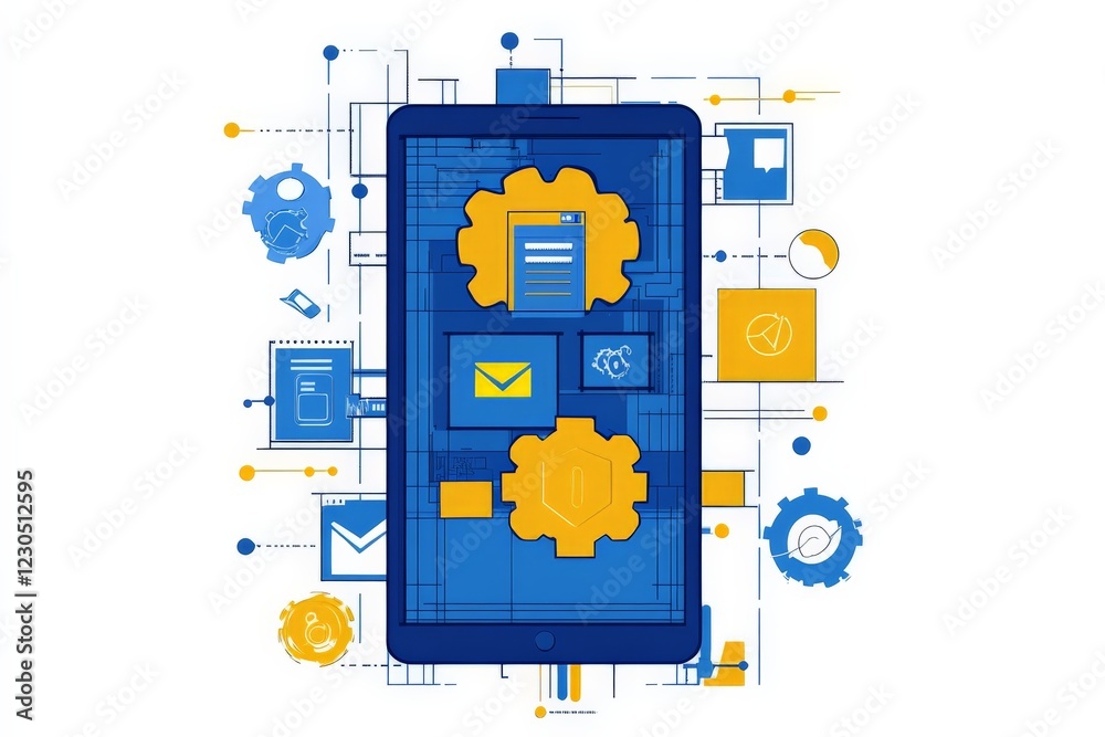 Poster Digital communication and technology with a tablet showcasing various applications and gears representing functionality