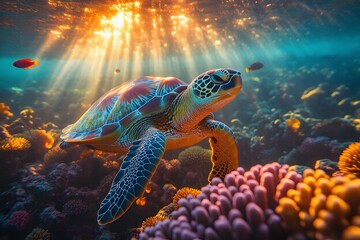 Fototapeta premium Sea turtle swimming gracefully in clear ocean water with coral reef background