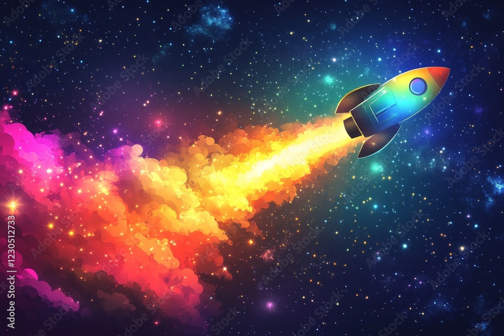 Poster colorful rocket soaring through a vibrant cosmic space filled with stars and clouds