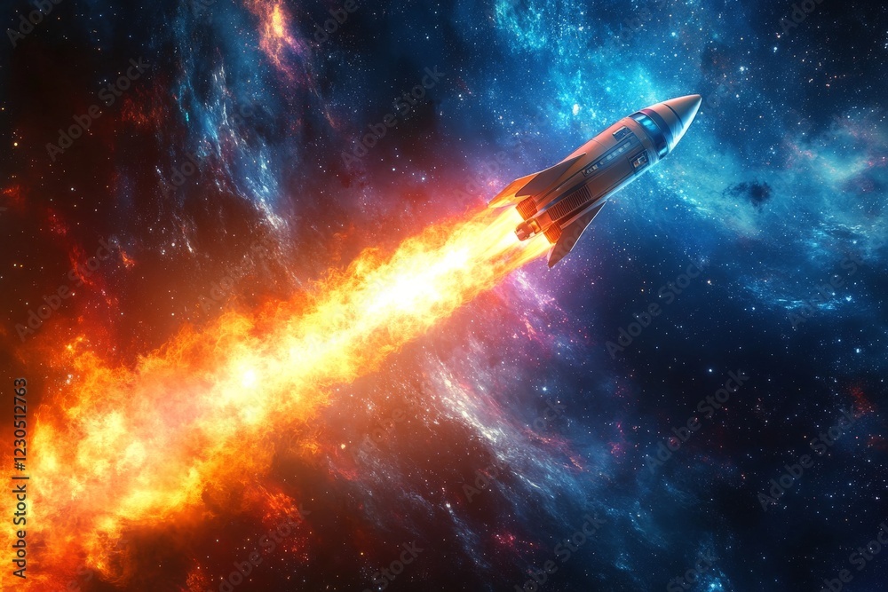 Poster Rocket liftoff against a colorful cosmic backdrop in deep space journey
