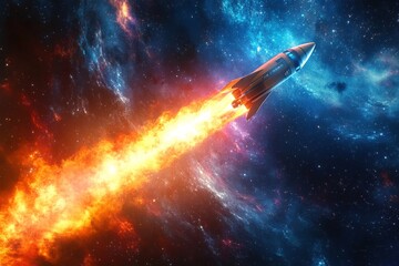 Fototapeta premium Rocket liftoff against a colorful cosmic backdrop in deep space journey