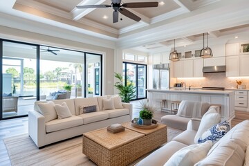 Fototapeta premium A modern Mediterranean interior design style living room featuring white sofas, a coffee table made of woven material, and large windows that open to a scenic view. The space is bright and airy.