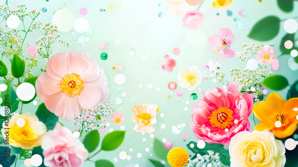 Poster bright and colorful floral arrangement with soft background featuring various blooming flowers and d