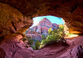 Cave View of Zion Mountains at Golden Hour Eye Level Perspective