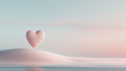 Digital illustration of a pink heart-shaped object floating on top of a white sand dune. the background is a gradient of light blue and pink, with a hint of pink on the right side.