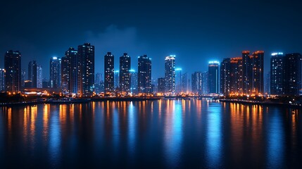 Obraz premium Modern City Skyline at Night with Reflections on Calm River Water