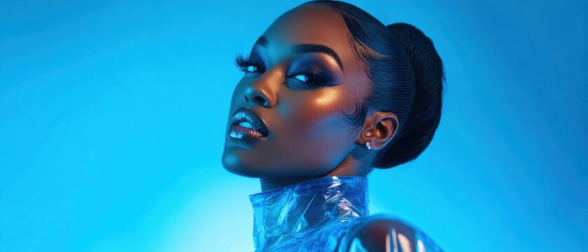 Stylish Black woman with futuristic fashion and makeup posing against a vibrant blue backdrop  Cyberpunk aesthetic, beauty, and fashion photography
