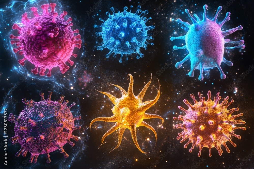 Poster Colorful representations of various viruses floating in dark space with a cosmic background