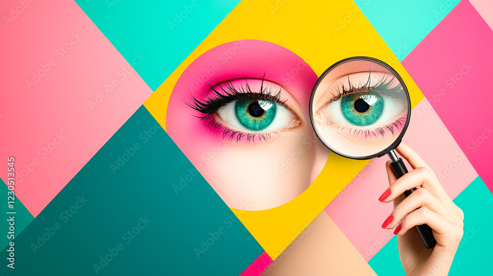 Aufkleber unique artistic representation of a woman's eye with colorful geometric shapes and a magnifying glas