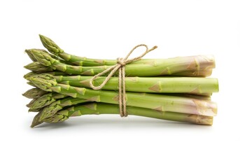 A bundle of fresh green asparagus tied with a rustic string isolated on a white background