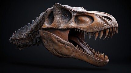 A detailed 3D rendering of a dinosaur skull, showcasing intricate textures and features, Ideal for educational materials, documentaries, or artwork related to paleontology and prehistoric life,