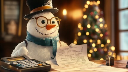 Snowman accountant shopping for tax return forms and calculators