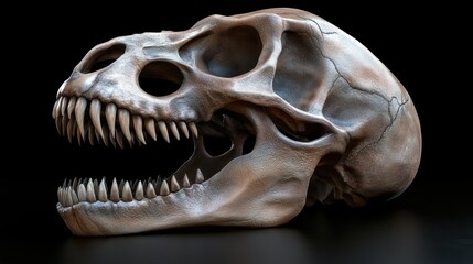 A detailed, realistic depiction of a large animal skull, showcasing its intricate bone structure and sharp teeth against a black background, Ideal for educational content, documentaries