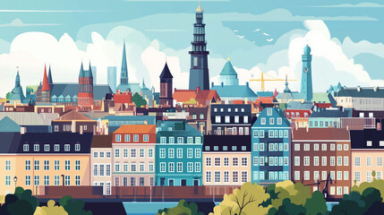 Obraz premium Illustration, Cityscape of Copenhagen, the capital city of Denmark, touristic advertisement poster. Beautiful city of Copenhagen. Must-see touristic spot. Famous spot in Europe.