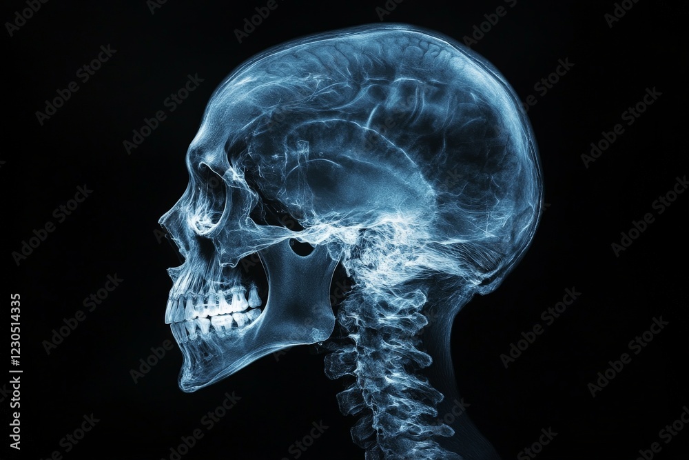 Poster Detailed x-ray of a human skull showing cranial structure and spine alignment in profile view