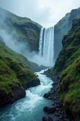 Waterfalls in Tegueste valley shrouded in mist, landscape, serene, flowing
