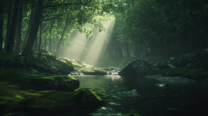 Sunbeams illuminate mossy stream in tranquil forest