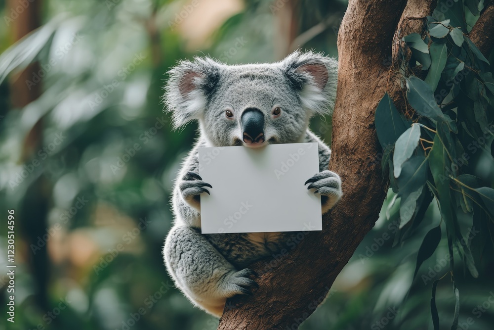 Poster koala holding a blank sign while perched on a tree branch in a lush forest environment