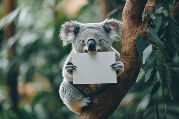 Koala holding a blank sign while perched on a tree branch in a lush forest environment
