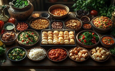 Fototapeta premium Vibrant Array of Diverse Dishes and Ingredients Neatly Arranged for a Feast or Meal Prep