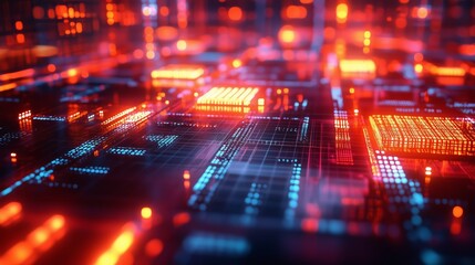 Futuristic Circuit Board with Glowing Red and Blue Lights - made with Generative AI