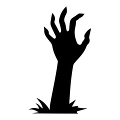 Black silhouette of a creepy zombie hand rising from the ground, symbolizing horror, Halloween, and the undead. Perfect for spooky themed designs and decorations.