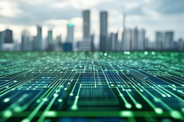 Urban skyline with digital circuit patterns blending technology and modern architecture in a vibrant city landscape