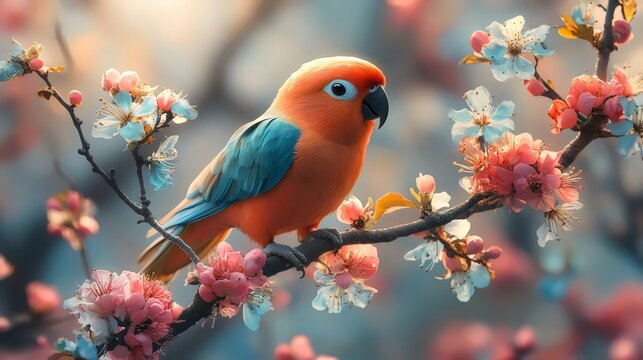 A colorful bird is perched on a branch of a tree with pink flowers