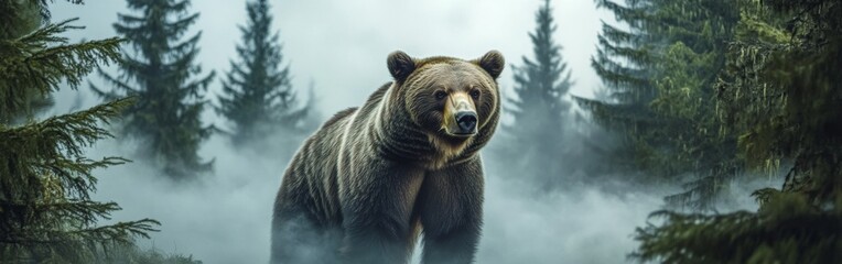 Fototapeta premium A grizzly bear stands upright amidst tall pine trees in a mystical forest shrouded in mist. The early morning light enhances the enchanting atmosphere, capturing wildlife's majesty