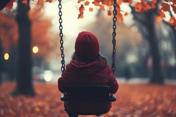 Child on a swing surrounded by autumn leaves on a quiet afternoon in the park