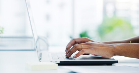 Hands, research and businesswoman typing on laptop for finance report with company revenue. Technology, communication and female financial analyst with email for investment offer on computer.