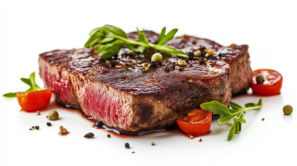 grilled steak with vegetables , meat on white background