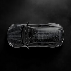 A car is shown in a black background. The car is a black color and has a shiny surface