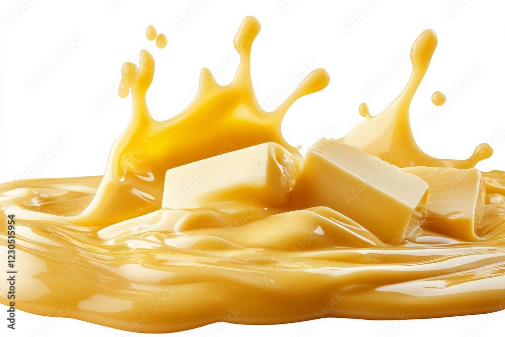 Poster Melting butter splashes into a rich pool of golden liquid creating a delicious contrast on a white background