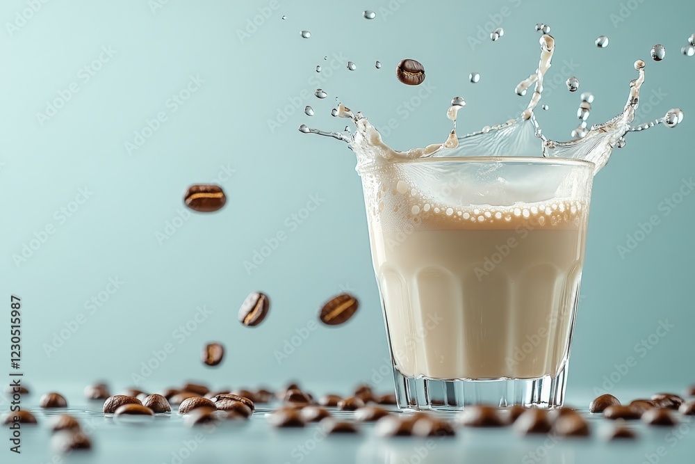Poster Splashing milk combines with coffee beans in a lively and dynamic composition capturing a moment of beverage preparation