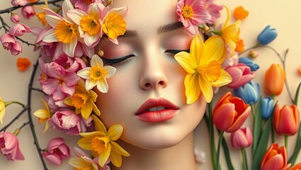 Floral surrealism A woman's face merging with blossoms, evoking nature’s unity